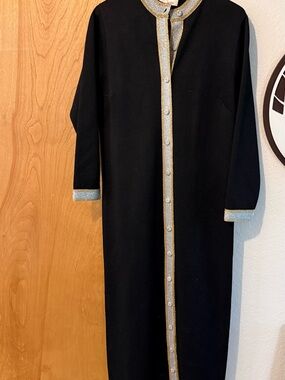 Black Maxi Dress with Metallic Gold Trim - Classic Long Sleeve Maxi
